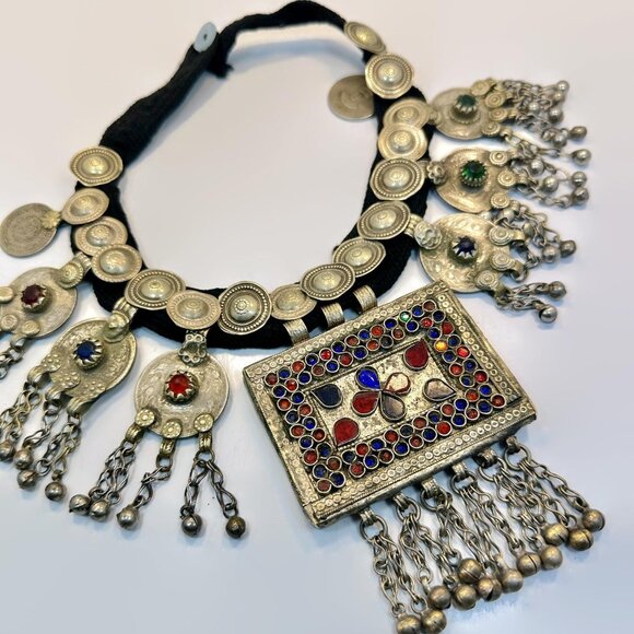 Afghan Necklace, Middle Eastern, Vintage Belly Dance Boho Coins Jewels Statement - Picture 2 of 6